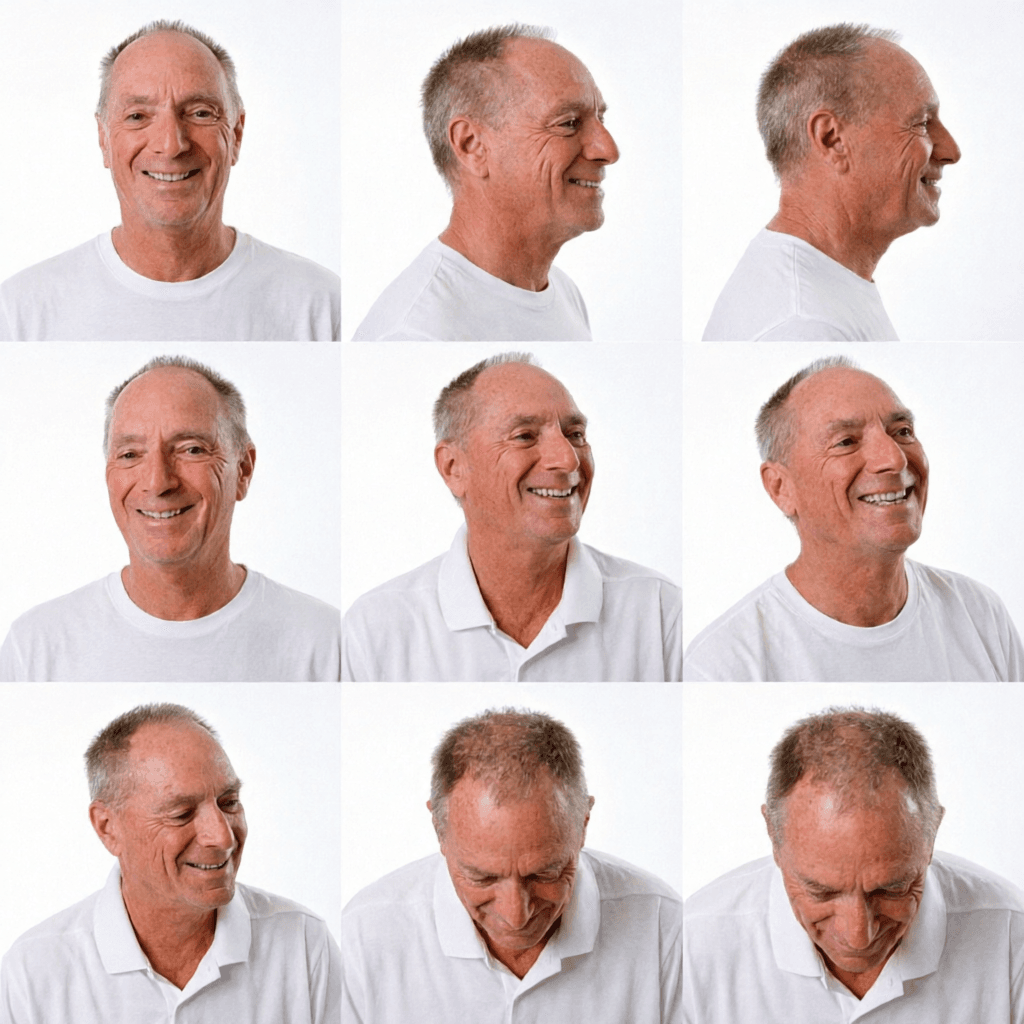 AI generated: create a visual study of 9 images, each where the character is rotating as if on a platform to show ...