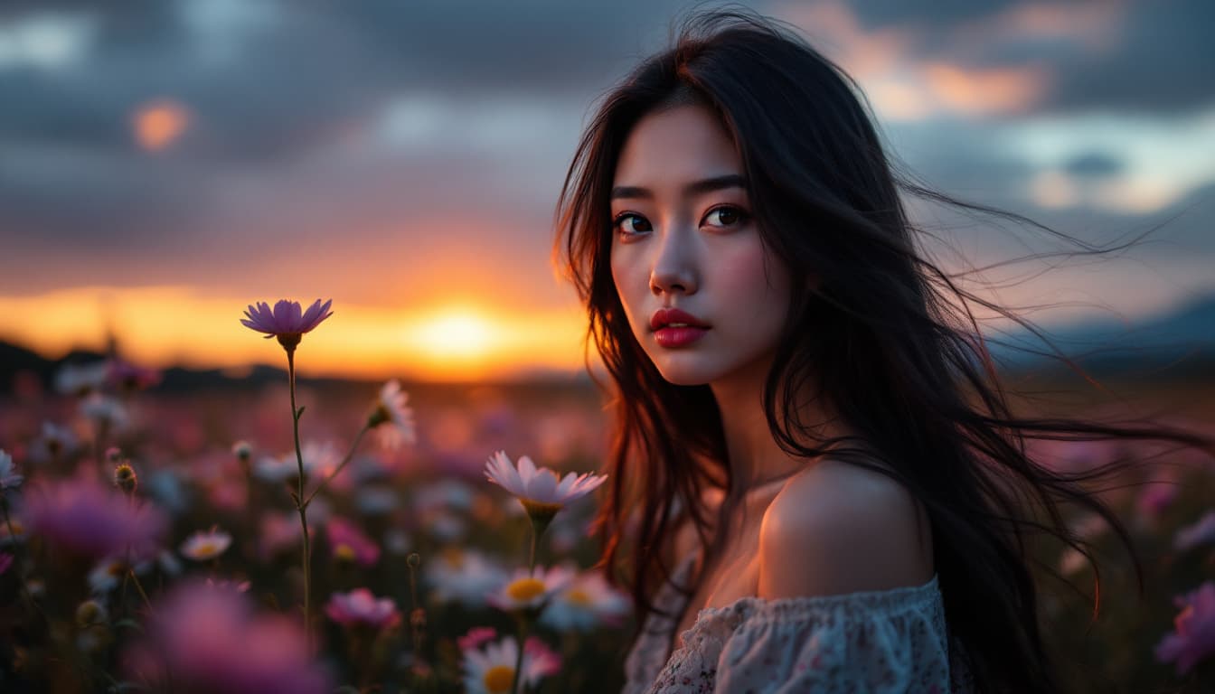 AI generated: a young asian woman at sunset in a field of azalea , her long hair flowing gently in the breeze. She...
