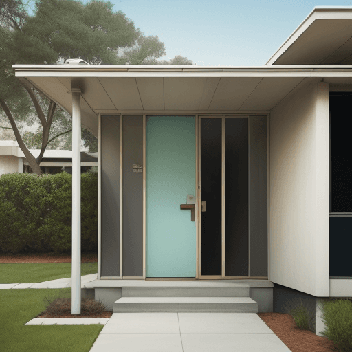 AI generated: Hyper realistic eye level exterior photo of a mid century modern style art work between the gap of p...