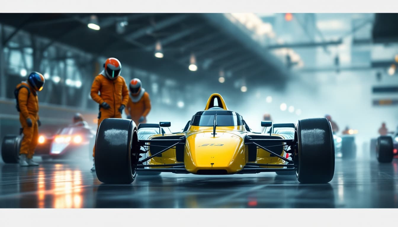 AI generated: Summer. There are 5 racing cars at the start of the race track. Drivers in helmets are preparing for...