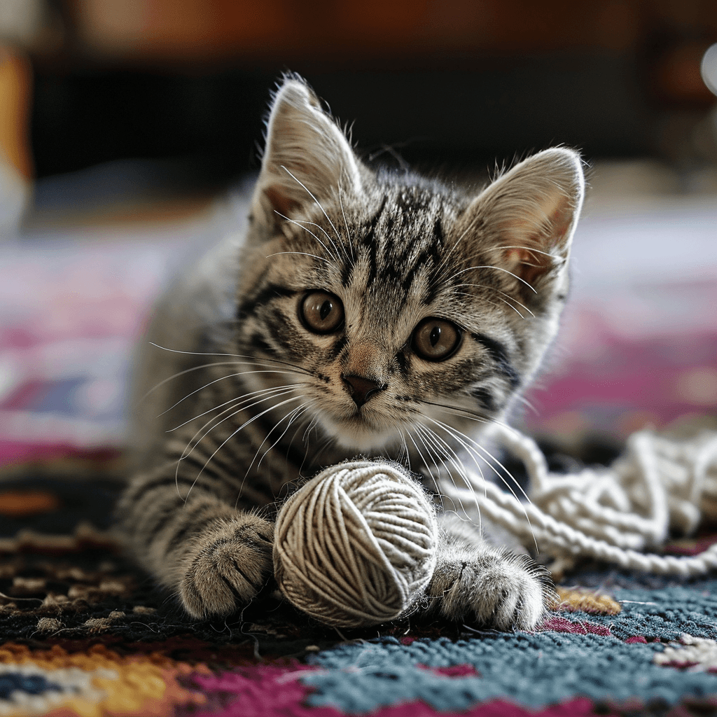 AI generated: Eine süße Katze spielt mit einem Garn wolle auf einem Teppich, Norwegian Forest Cat --no ugly, defor...