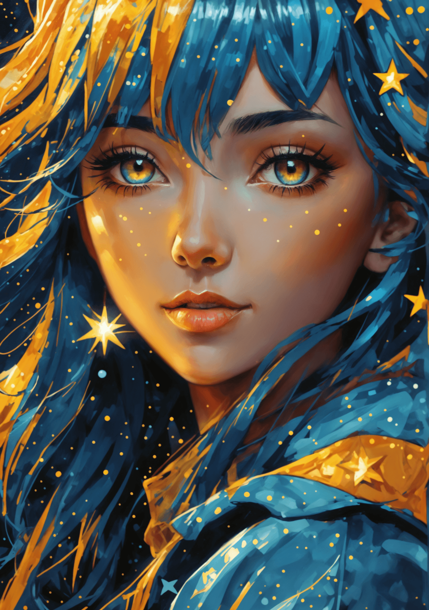AI generated:  illustration of a girl with blue hair, art print, in the style of dark yellow and light azure, wate...