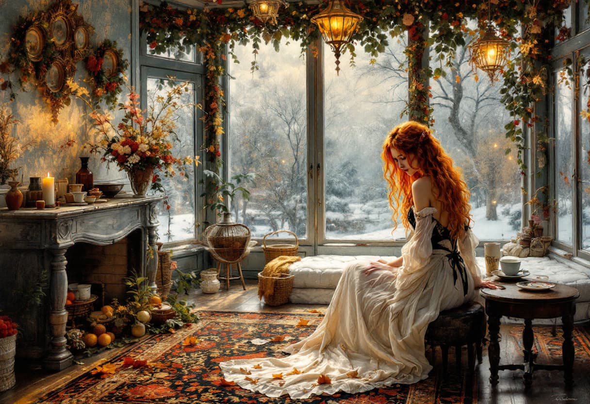 AI generated: Coffee bar vintage autumn carpet style oil on canvas Winter Christmas carpet style oil an canvas ele...