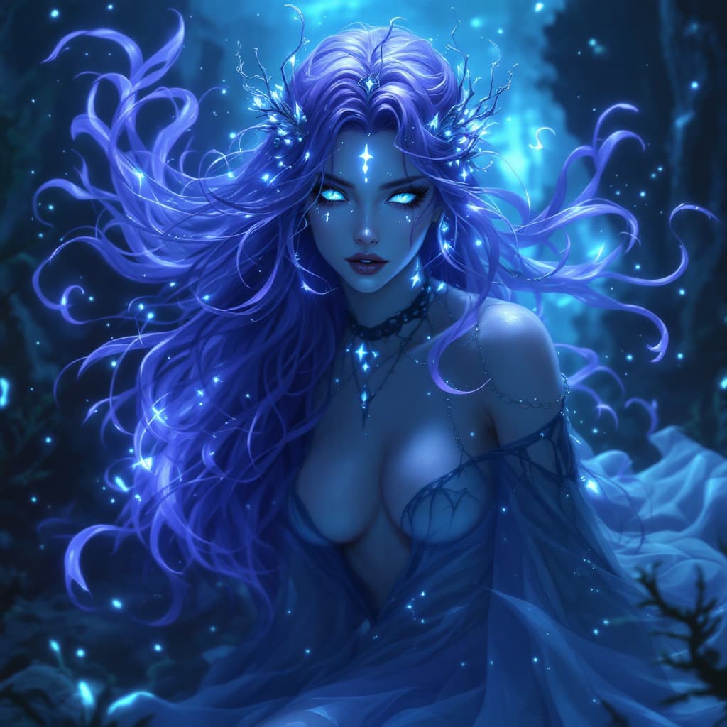 AI generated: 25. The Spectral Siren Queen: A captivating and haunting figure with long, flowing, violet hair that...