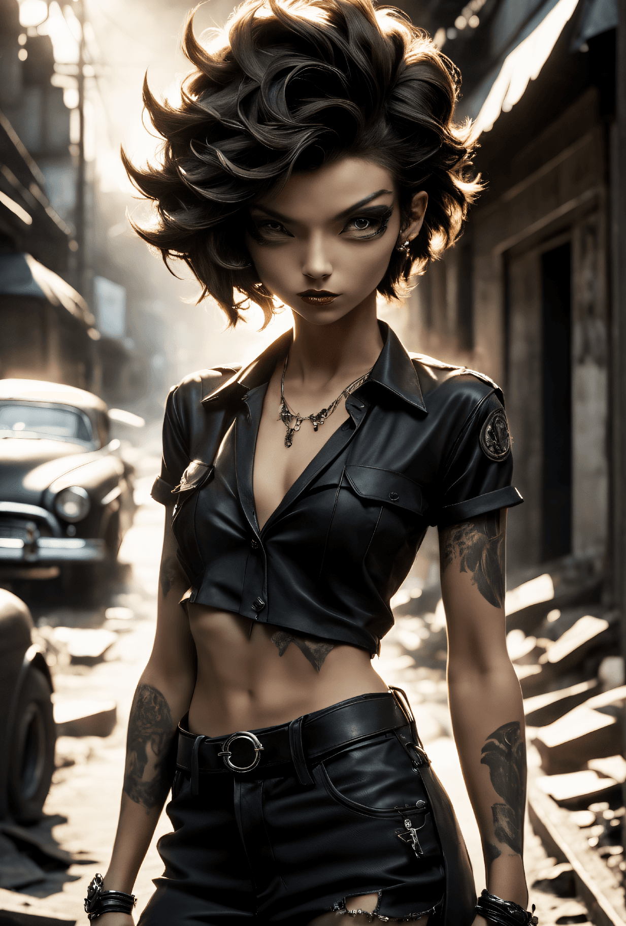 AI generated: film noir style A photo of a rebellious young supermodel with a punk crop top, lowrise pants, short ...