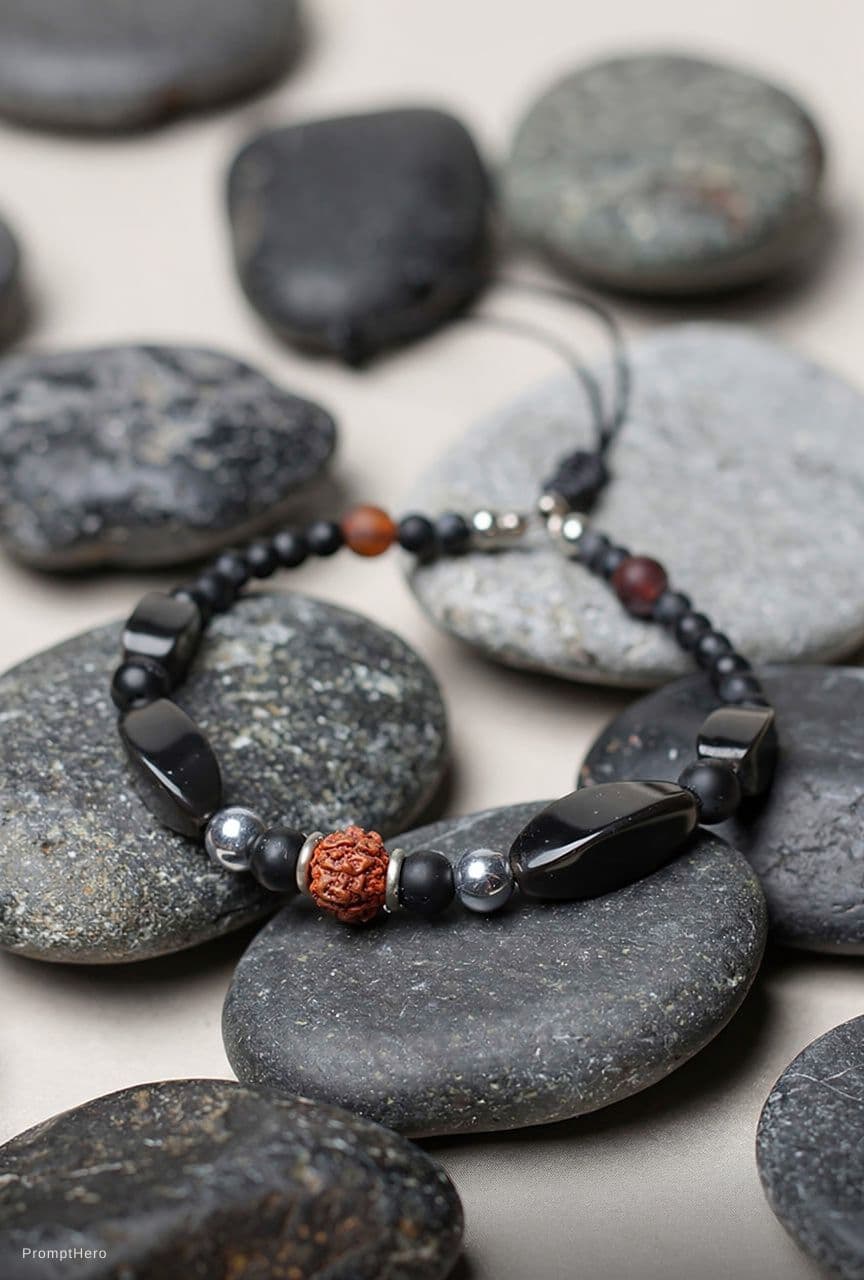 AI generated: Beautiful men's brutal handmade bracelet among stones, beautiful light photo for marketplace