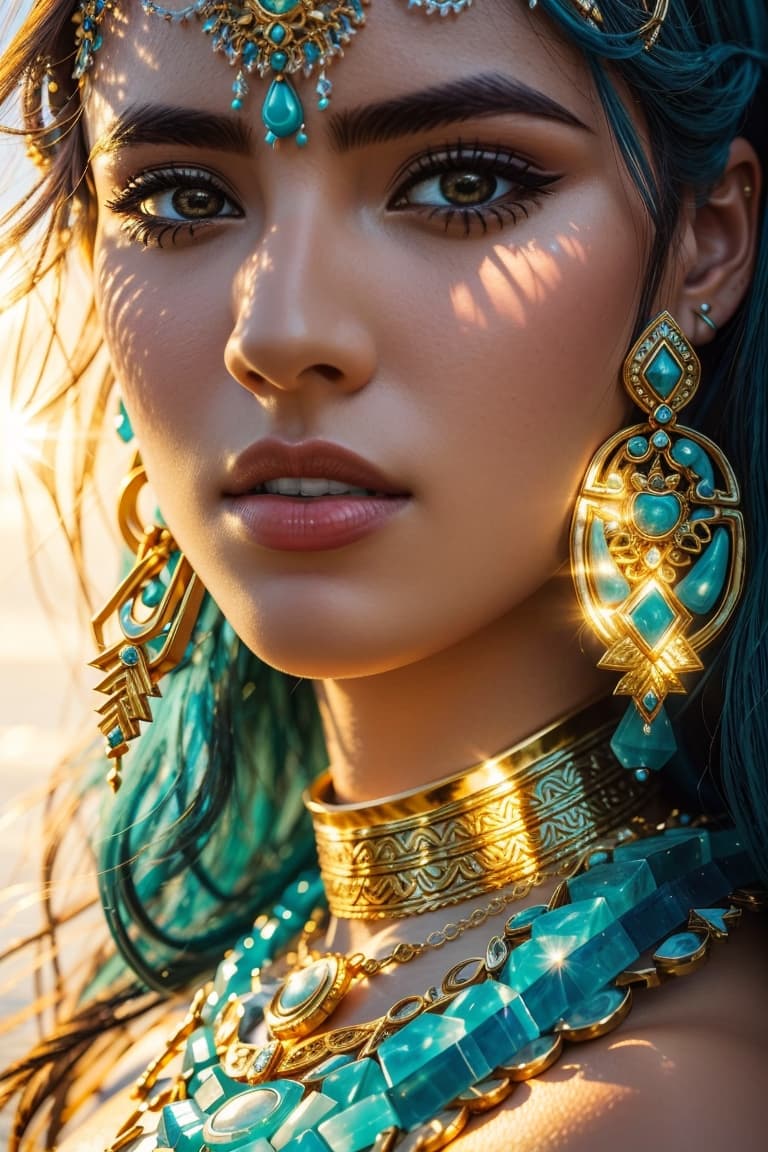 AI generated: /imagine prompt: A stunningly detailed portrait of a barbarian woman in a skinny dress, with Jade oc...