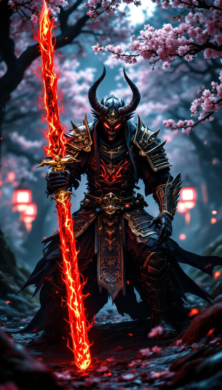AI generated: A dark demon warrior wearing a gold and red japanese samurai armor holding a giant red glowing Katan...
