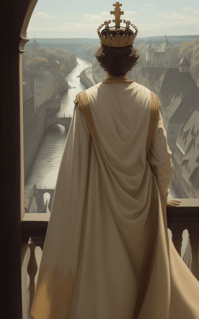 AI generated: Third person view from behind the back of a king with a crown who stands on a balcony overlooking th...