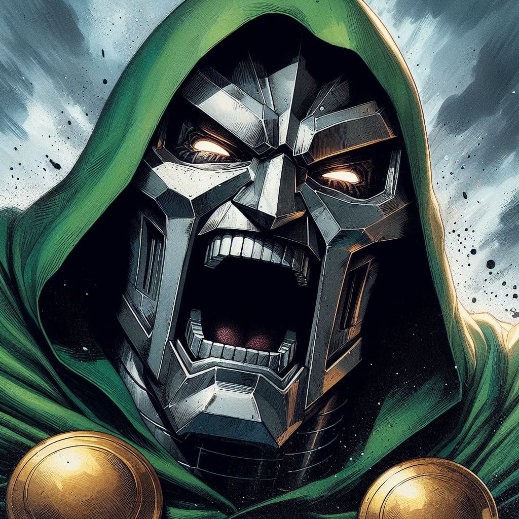 AI generated: close up of Doctor Doom of Marvel screaming, in a fit of rage, Masterpiece, gigantic scale, ascii-ar...