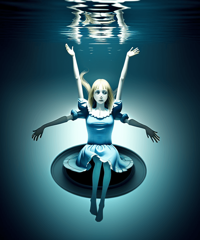 AI generated: alice  floating horizontally under water.
realistic and not creepy
 and we can see her full body, on...