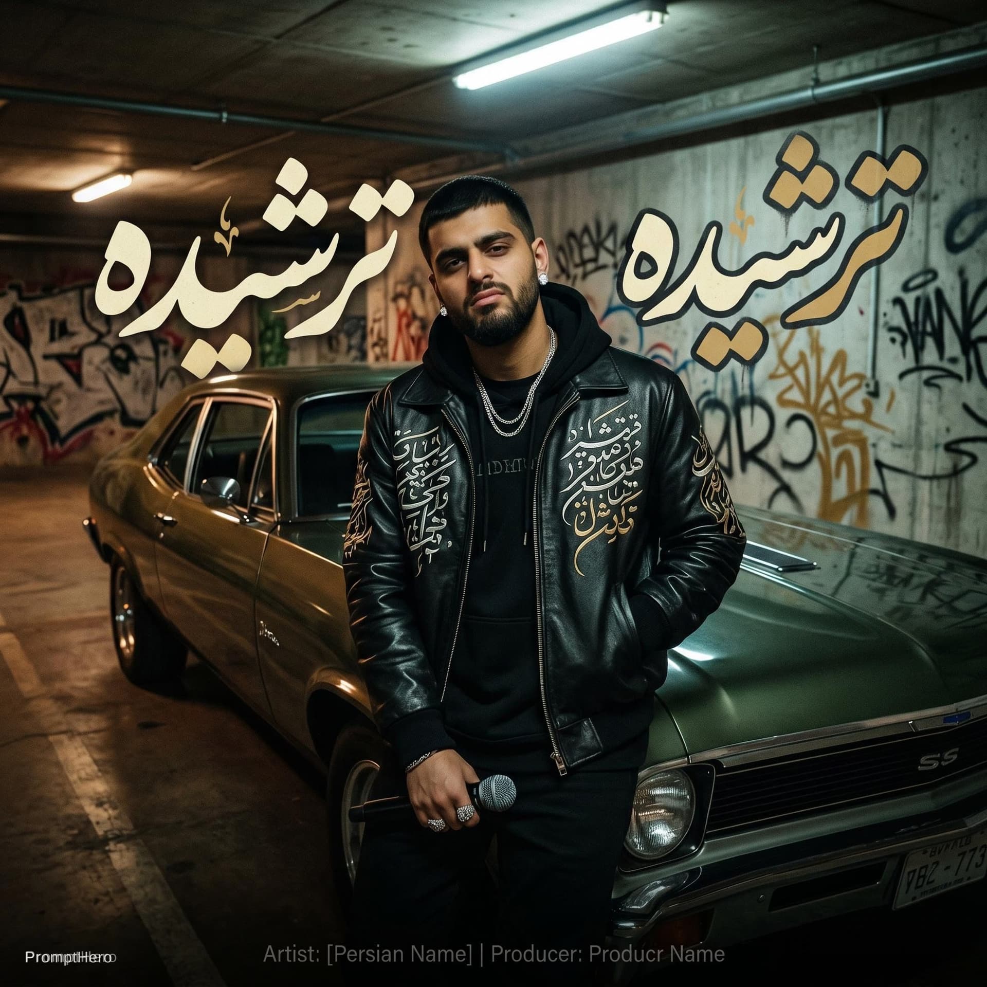 AI generated: Rap cover art, "Sour Girl". A stylish young male rapper leaning against a vintage car in an undergro...