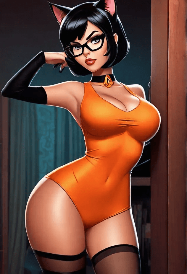 AI generated: vector illustration, cute cat, angry, watching at camera, cartoon , velma from scooby-doo, beautiful...