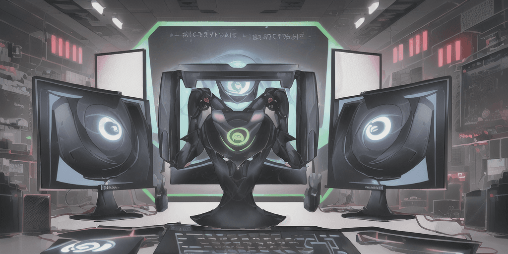 AI generated: In the background there are personal computers, different pc components. In the image there is only ...
