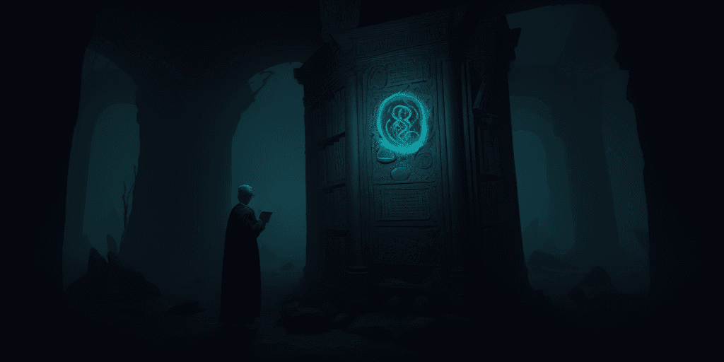 AI generated: ancient librarian exploring forbidden knowledge of the eldritch gods, highly detailed, ambient creep...