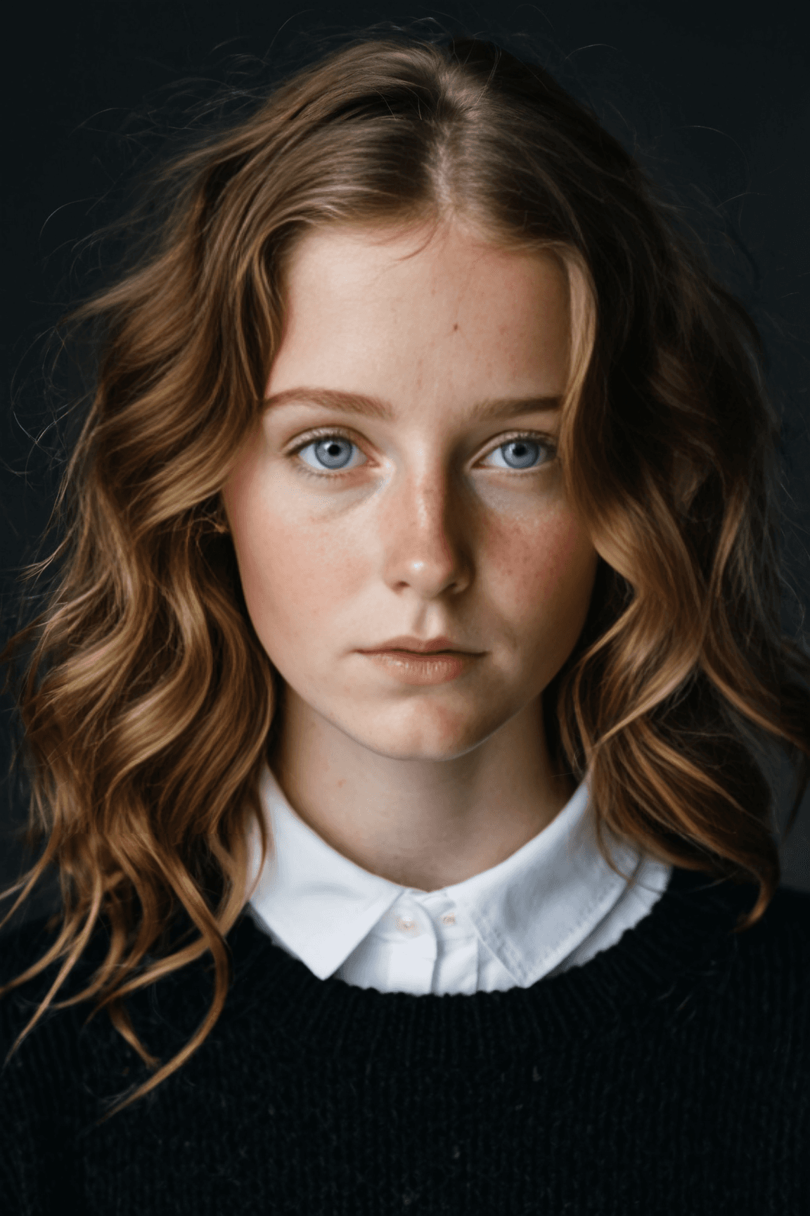 AI generated: portrait of a girl wearing a black sweater and a white shirt underneath. The girl has wavy hair and ...
