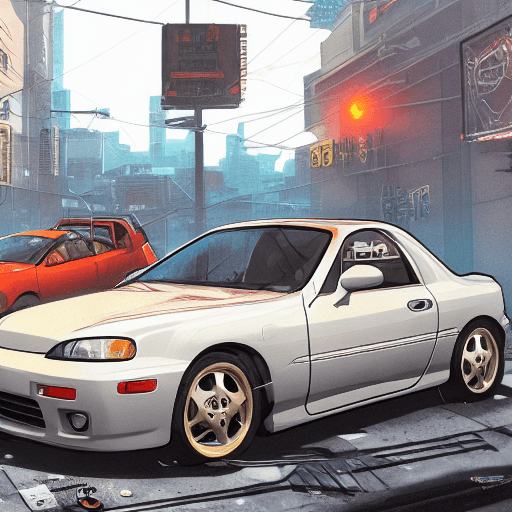 AI generated: cyber punk mechanical orange honda integra dc5 next to silver 1995 mazda mx5-na, , highly detailed l...