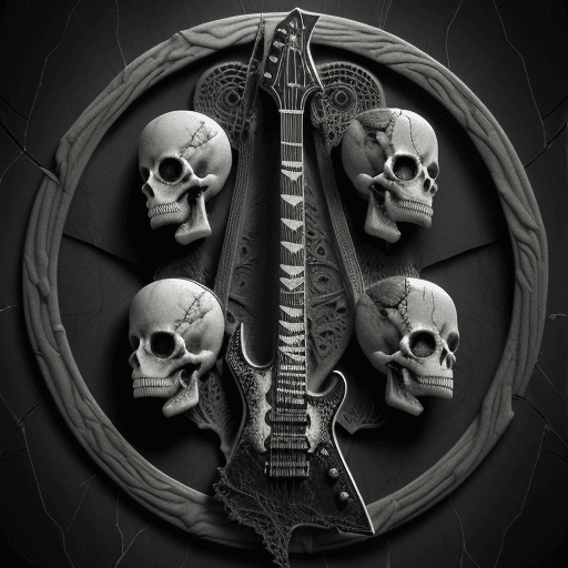 AI generated: Rock band logo, including name "Pretty hard", black marble, carved, sculls, guitars, drums, fibonacc...