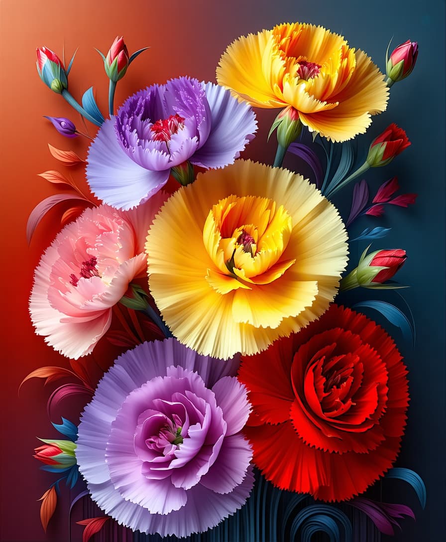 AI generated: Create an ultra-detailed botanical composition of carnations in a striking and harmonious palette: r...