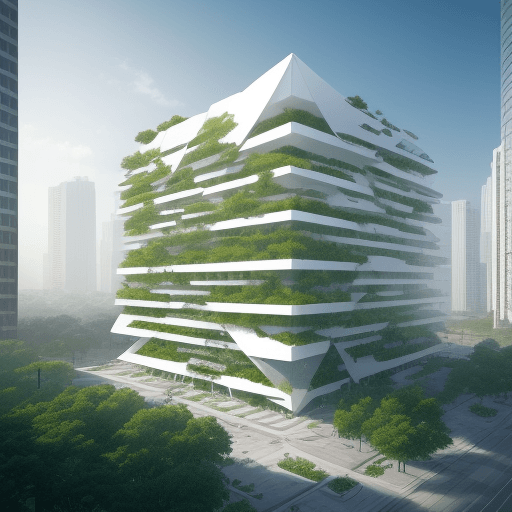 AI generated: Generate a building in a white environment that is surrounded by vegetation and people, the building...