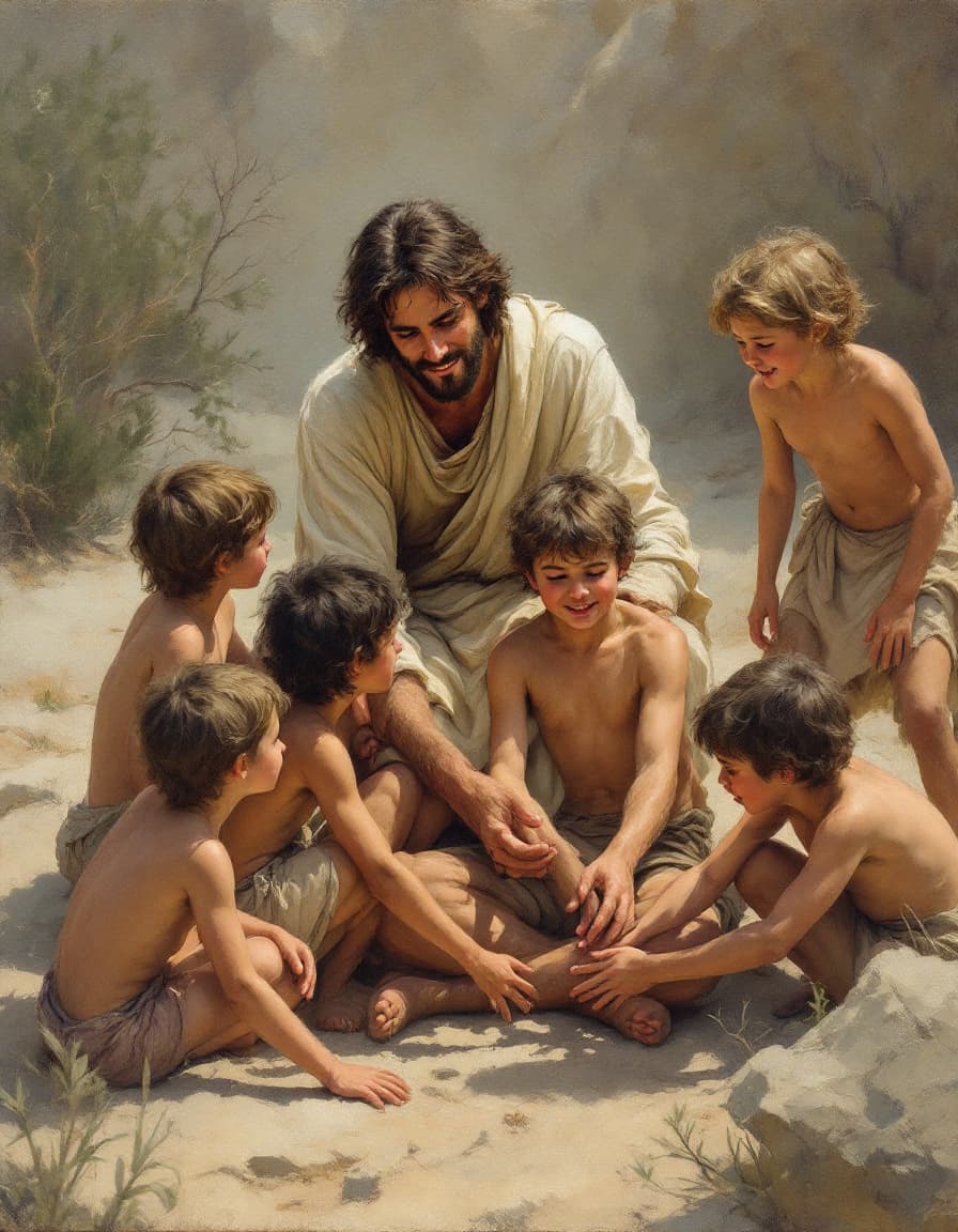 AI generated: rough oil painting of a handsome Jesus playing with a group of children
, a rocky terrain with a few...