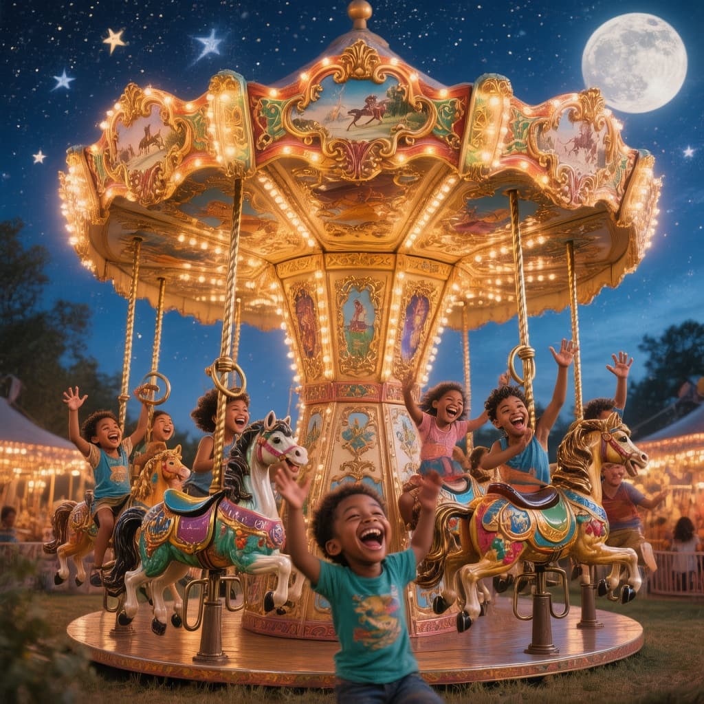 AI generated: A vintage carousel spins under a starry sky, its colorful animals gleaming in the moonlight, while d...