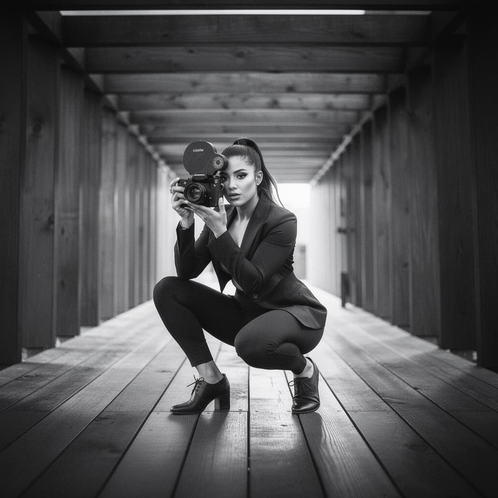 AI generated: High-contrast black and white full-body photograph of a glamorous woman in a low, athletic squatting...