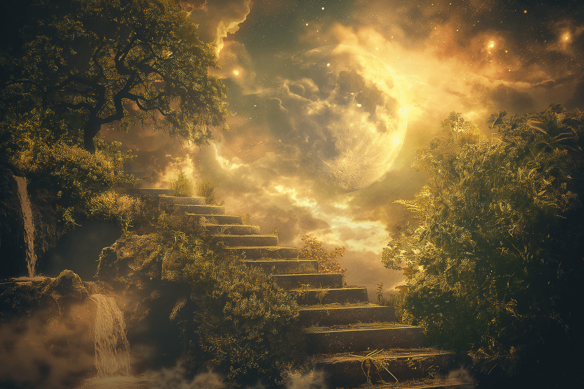AI generated: A fantasy world with clouds, moon and castle in the sky, surreal fantasy, fantasy landscape, stairs ...