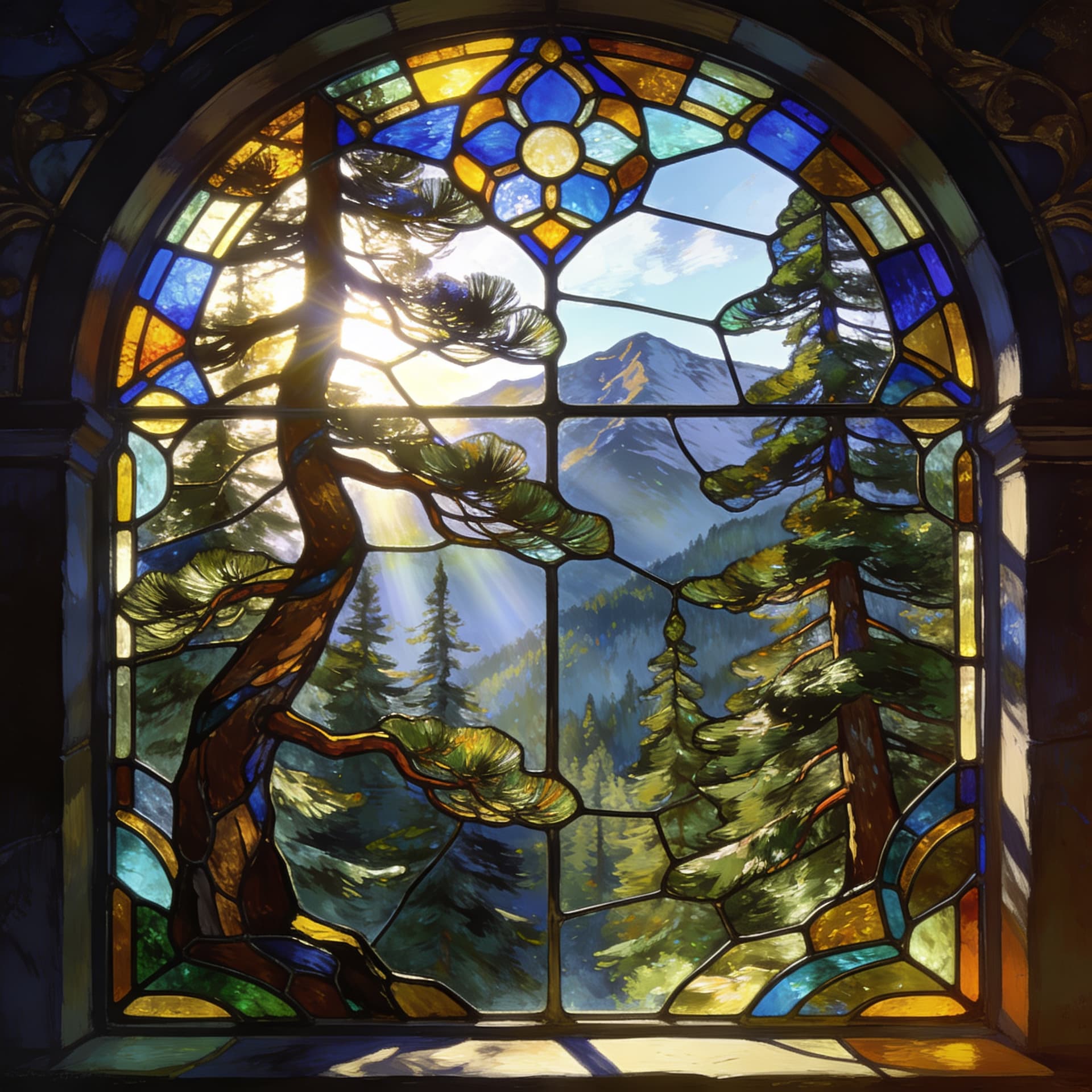 AI generated: a vibrant stained glass art piece of a beautiful pine forest ,Rays of sunlight shine through the win...