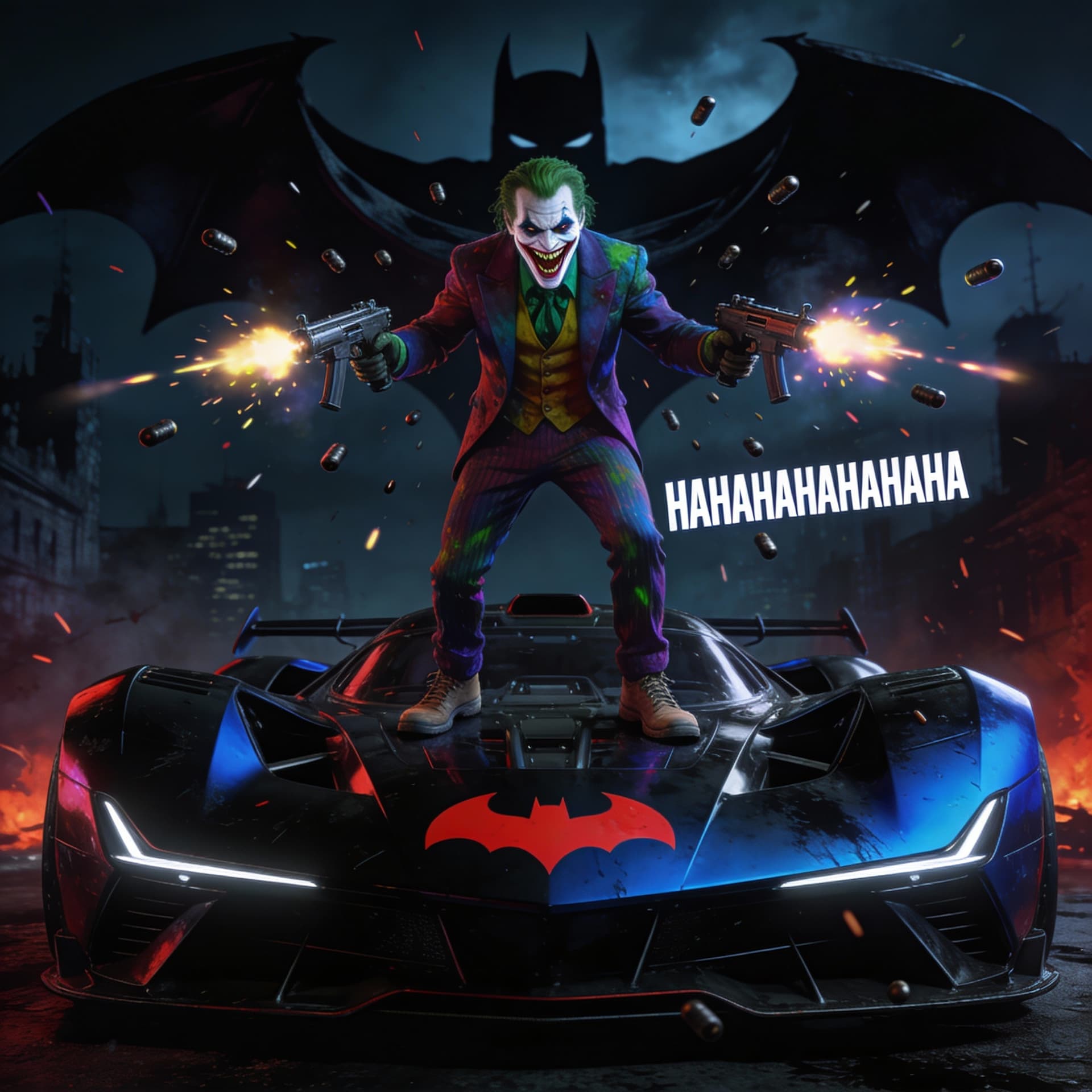 AI generated: 3D ILLUSTRATED The joker looking very sinister laughing "HAHAHAHAHAHAHA"  hysterically is standing o...