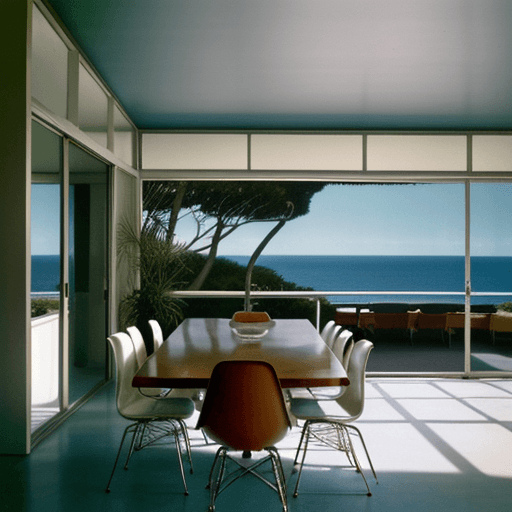 AI generated: Hyper realistic eye level exterior photo of a mid century modern style house overlooking the ocean, ...