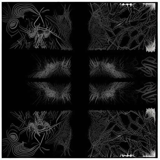 AI generated: psychedelic triptych art::2 neonoir popart by Subtle Details + noir black and white + noir tarantula...