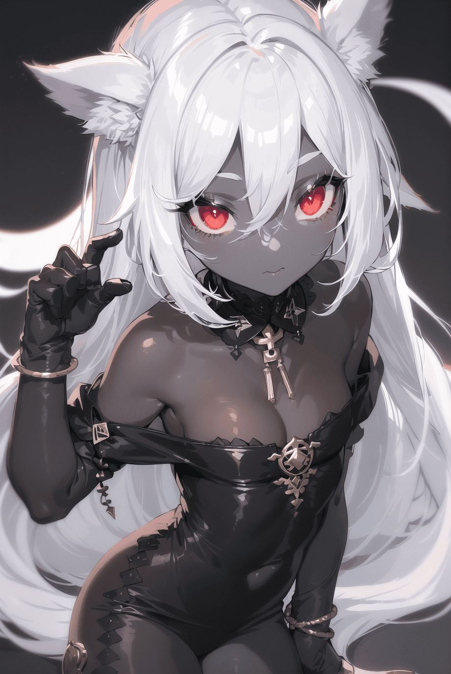 AI generated: 1 girl, (black skin:1.4), slit pupils, cat eyes, white hair, red eyes, egiptian