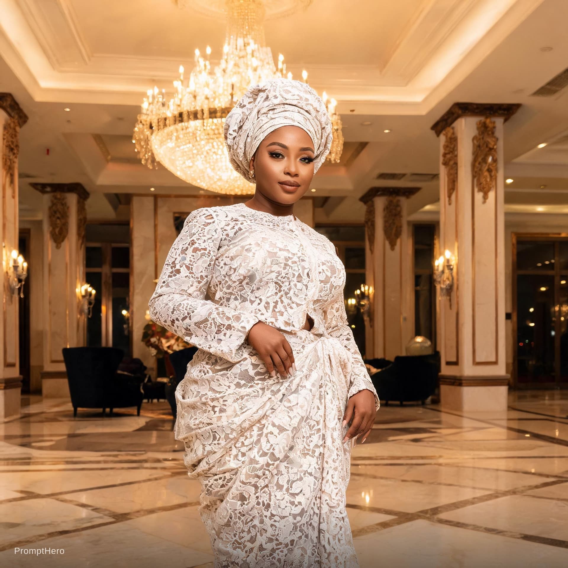 AI generated: “Curvy Nigerian woman wearing sophisticated lace iro and buba outfit with gele, posing elegantly ins...