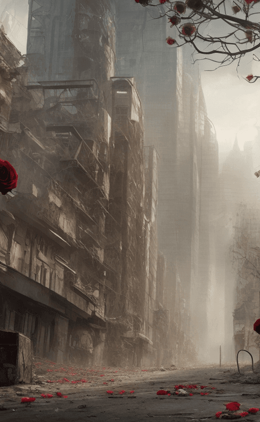 AI generated: post-apocalyptic panoramic cityscape with a dark hooded figure holding a bouquet of roses standing i...