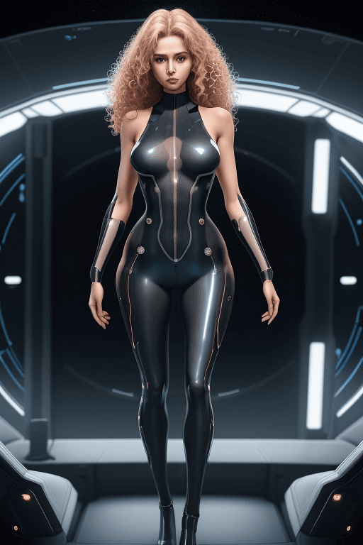AI generated: hot heroine woman full body with curly blond hair, dressed in a sleek sleeveless greyskiny nylon tra...