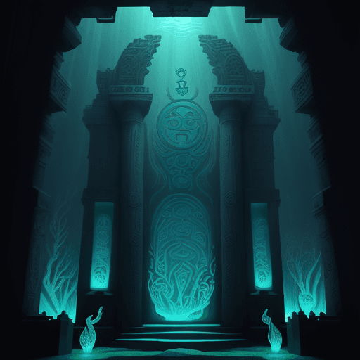 AI generated: Facade of an underwater temple with art deco patterns of terrifying mermaid figures and ancient myst...