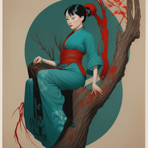 AI generated: A painting of an Asian woman with his hand tied, barefoot tied together, in the style of precisionis...