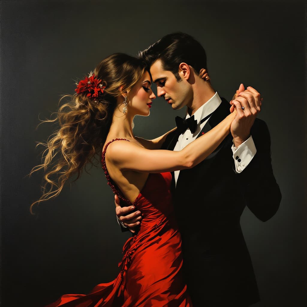 AI generated: An oil painting man and woman are dancing the tango, both dressed in formal attire with the woman we...