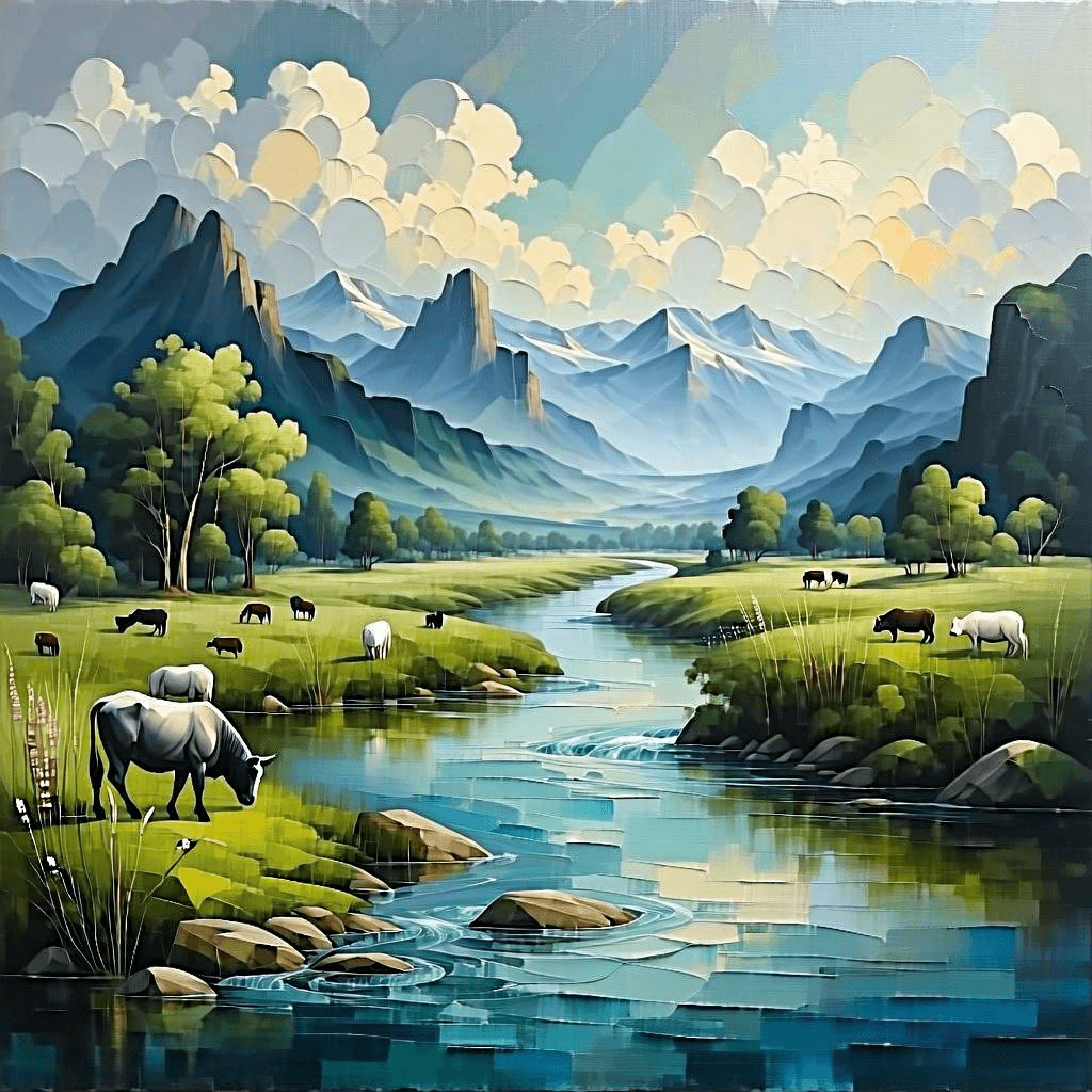 AI generated: Create a pastoral landscape artwork that looks like something a human would make. Focus on brushstro...