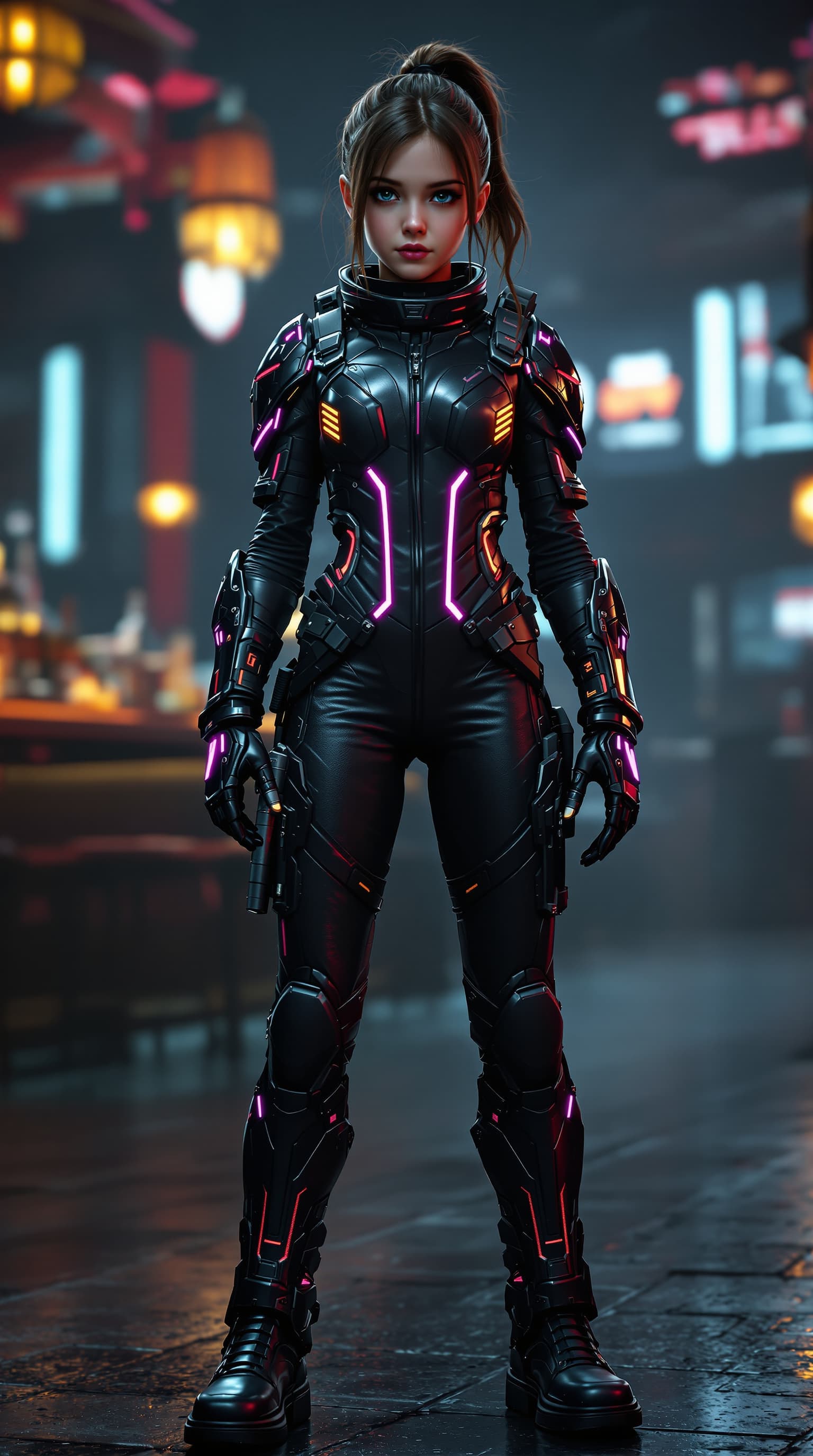 AI generated: hyper-realistic depiction of a twelve year old Evie Templeton dressed in a leather body suit lightly...