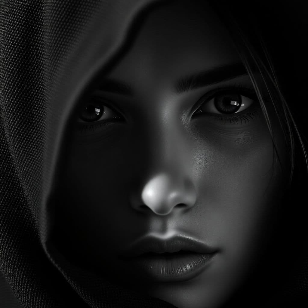 AI generated: A high-resolution, detailed black-and-white portrait of a woman with intense, expressive eyes. Her g...