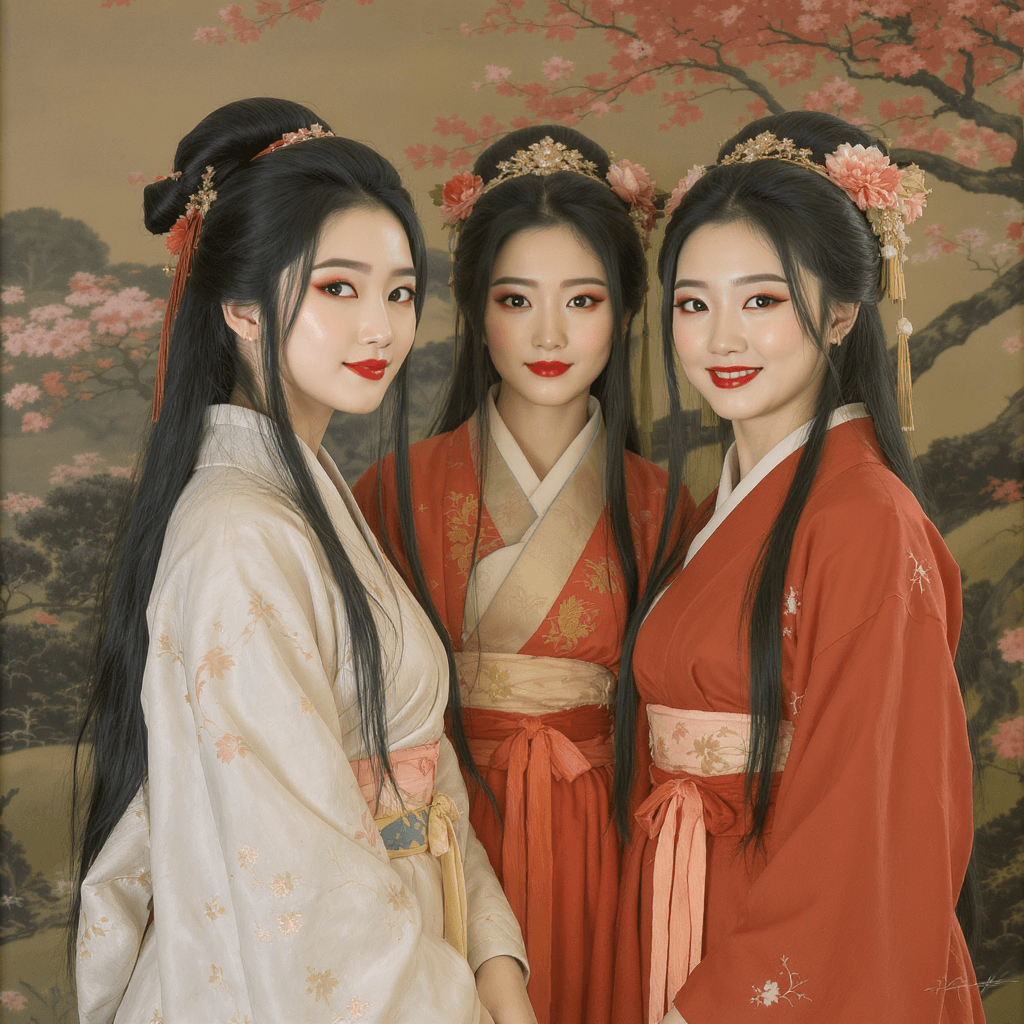 AI generated: Pale Asian women with black flowing hair wearing traditional robes