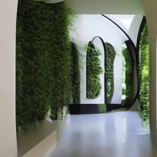 AI generated: flowing, futuristic, curvilinear, interior, minimal foyer, architectural villa, terracotta clay, arc...