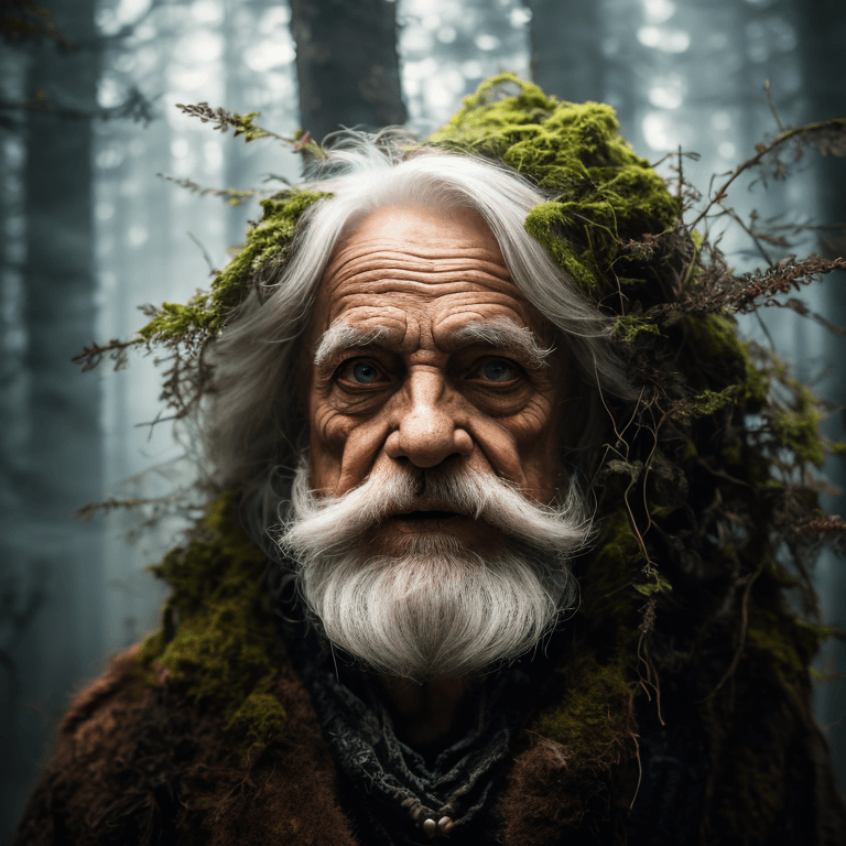 AI generated: mj, close up illustration of fairy tale character, an old [ (wood-goblin:1.1) | wise grandpa ] in th...