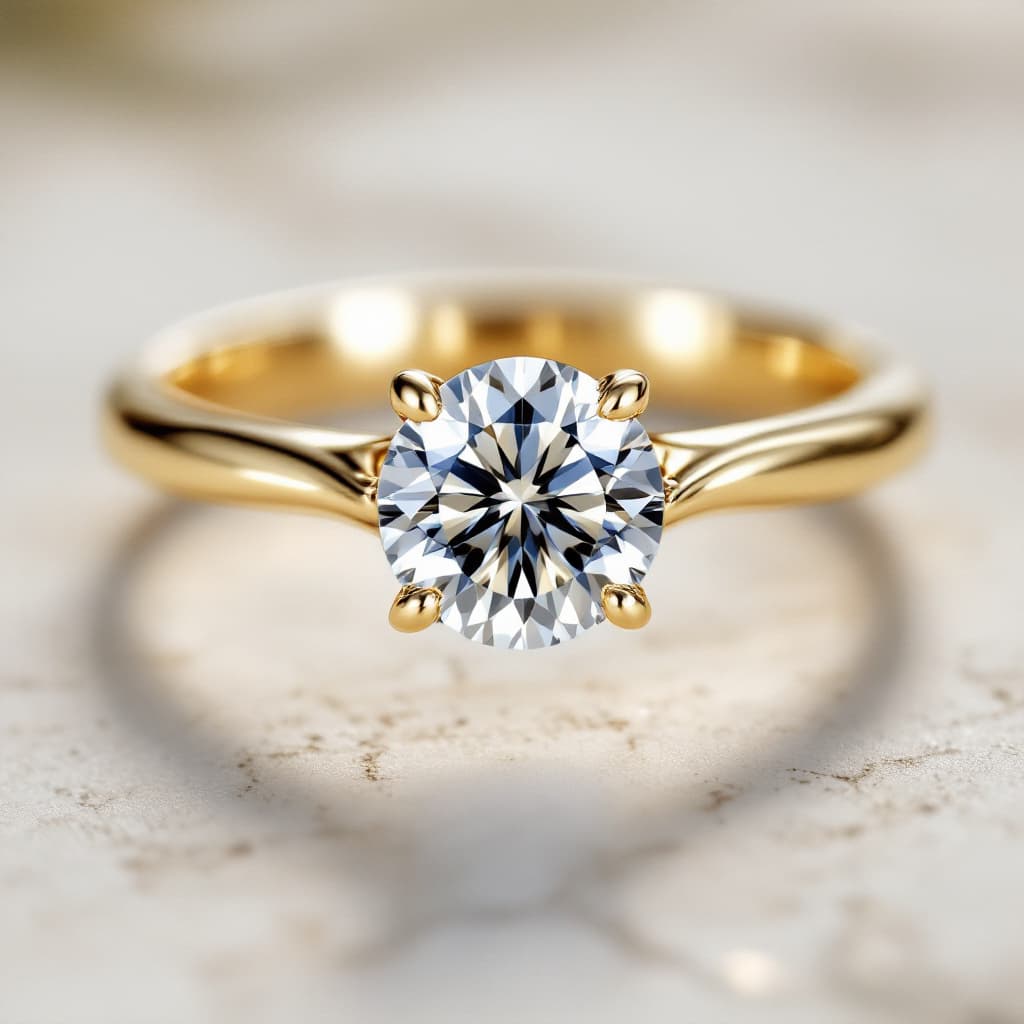 AI generated: Hyper realistic eye level image of a yellow gold solitaire engagement ring with a round diamond set ...
