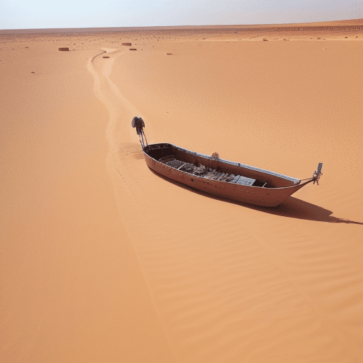 AI generated: Boat in the Sahara desert, huge worm take the boat very fast,