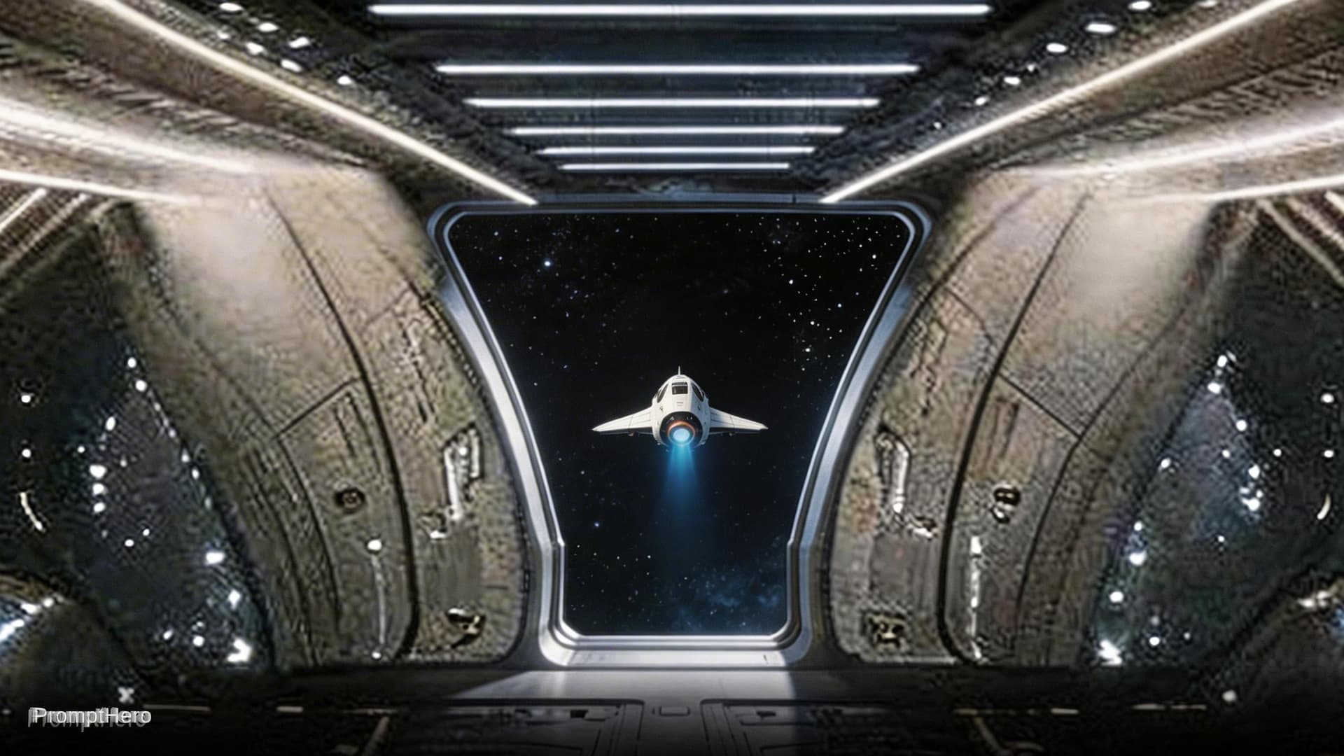 AI generated: Sci-Fi Cinematic Scene. Reduce the ship size by 50%. Unreal Engine 5 realism.