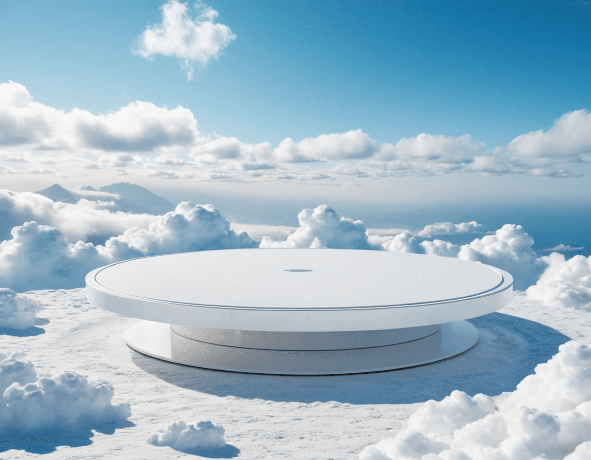 AI generated: a white platform in the middle of the clouds, trending on cg society, sky blue and white color schem...
