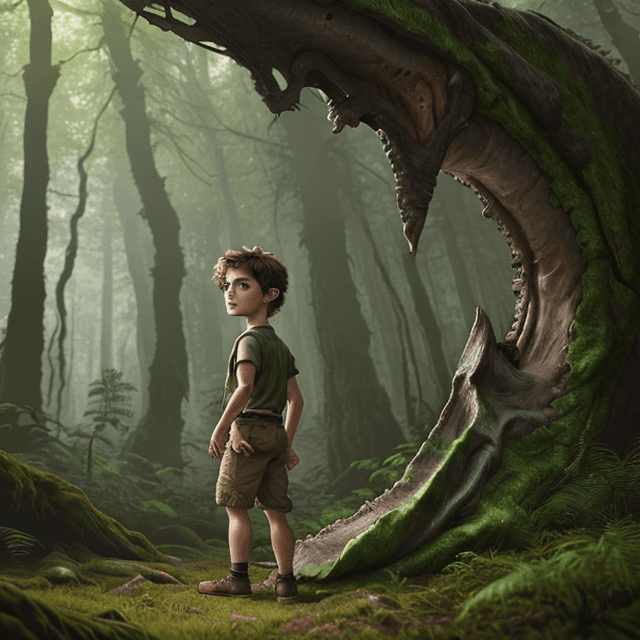 AI generated:  a young prehistoric boy investigating a prehistoric forest, frontal  view, 8k